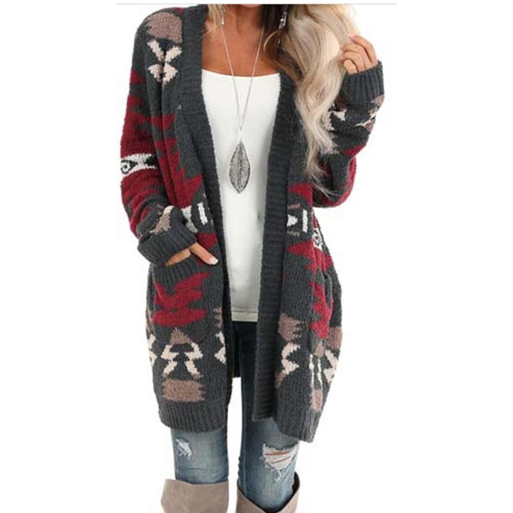 Boho Aztec Tribal Print Cardigan Color Charcoal - Picture 2 of 11